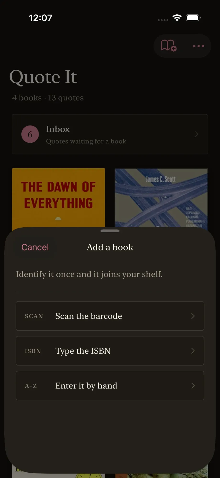 The Add a book sheet, offering three ways to identify a book: scan the barcode, type the ISBN, or enter it by hand