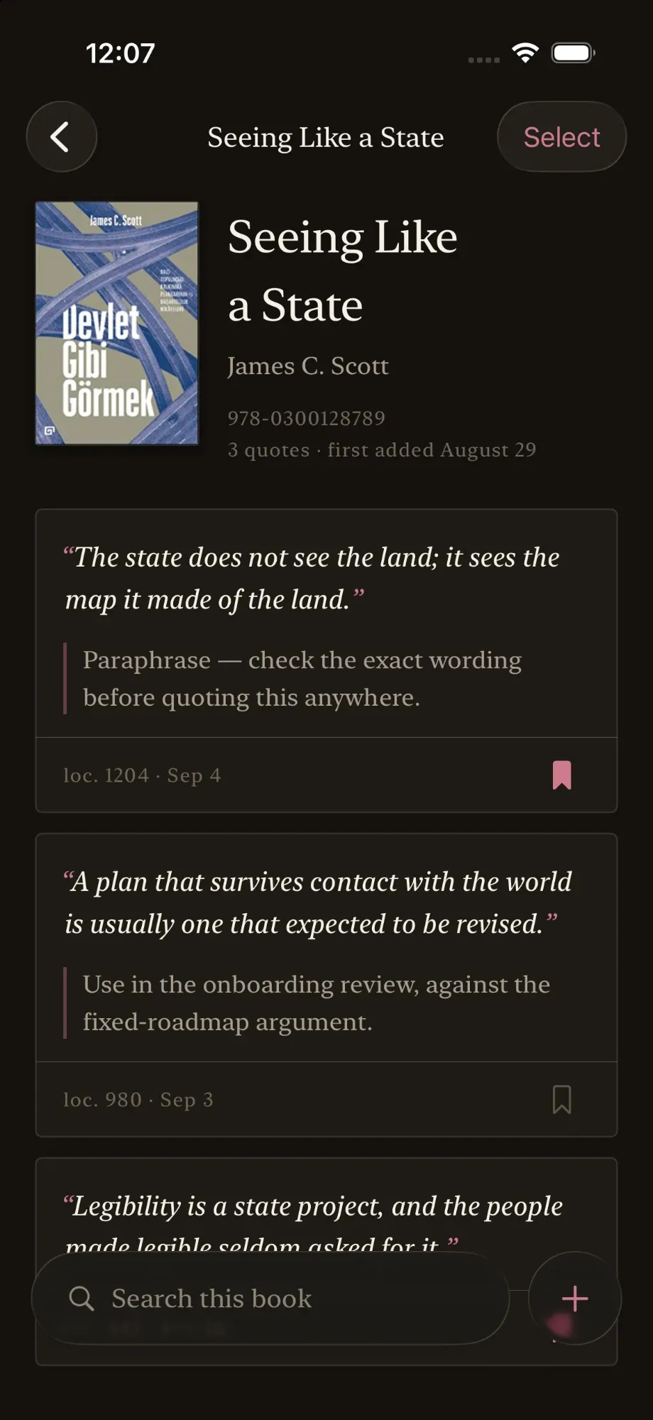 A book page for Seeing Like a State, listing its quotes with their notes and locations