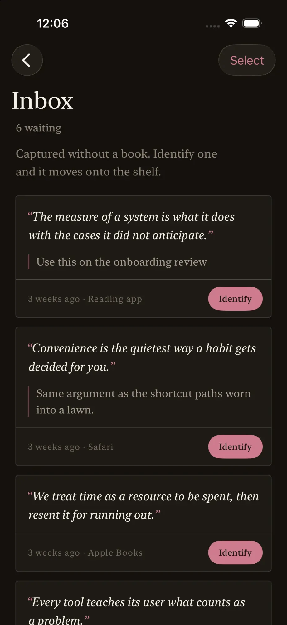 The Inbox: quotes captured without a book, each with its note and an Identify button