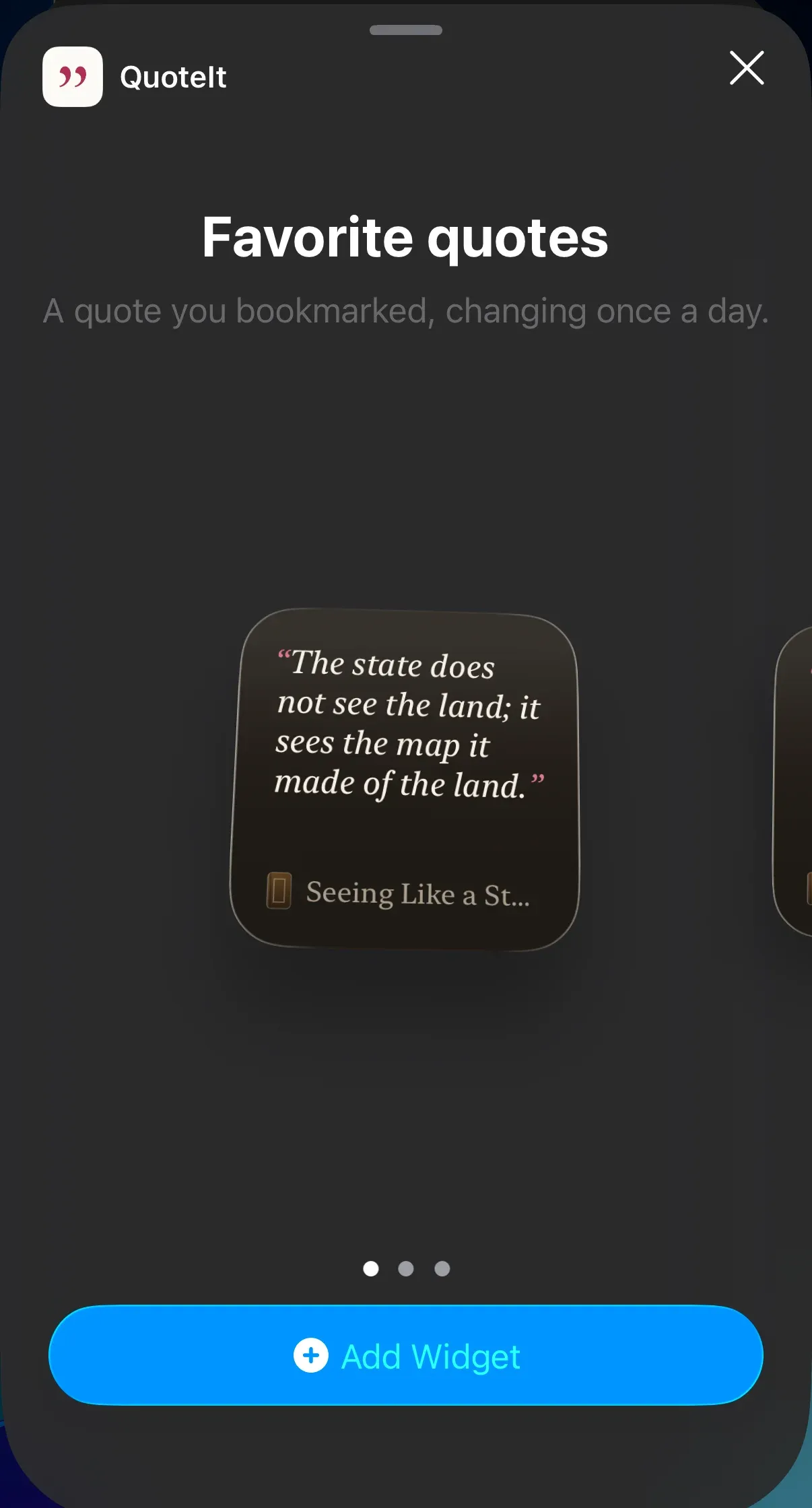 The widget gallery entry for QuoteIt, titled Favorite quotes: a quote you bookmarked, changing once a day, previewing the small size